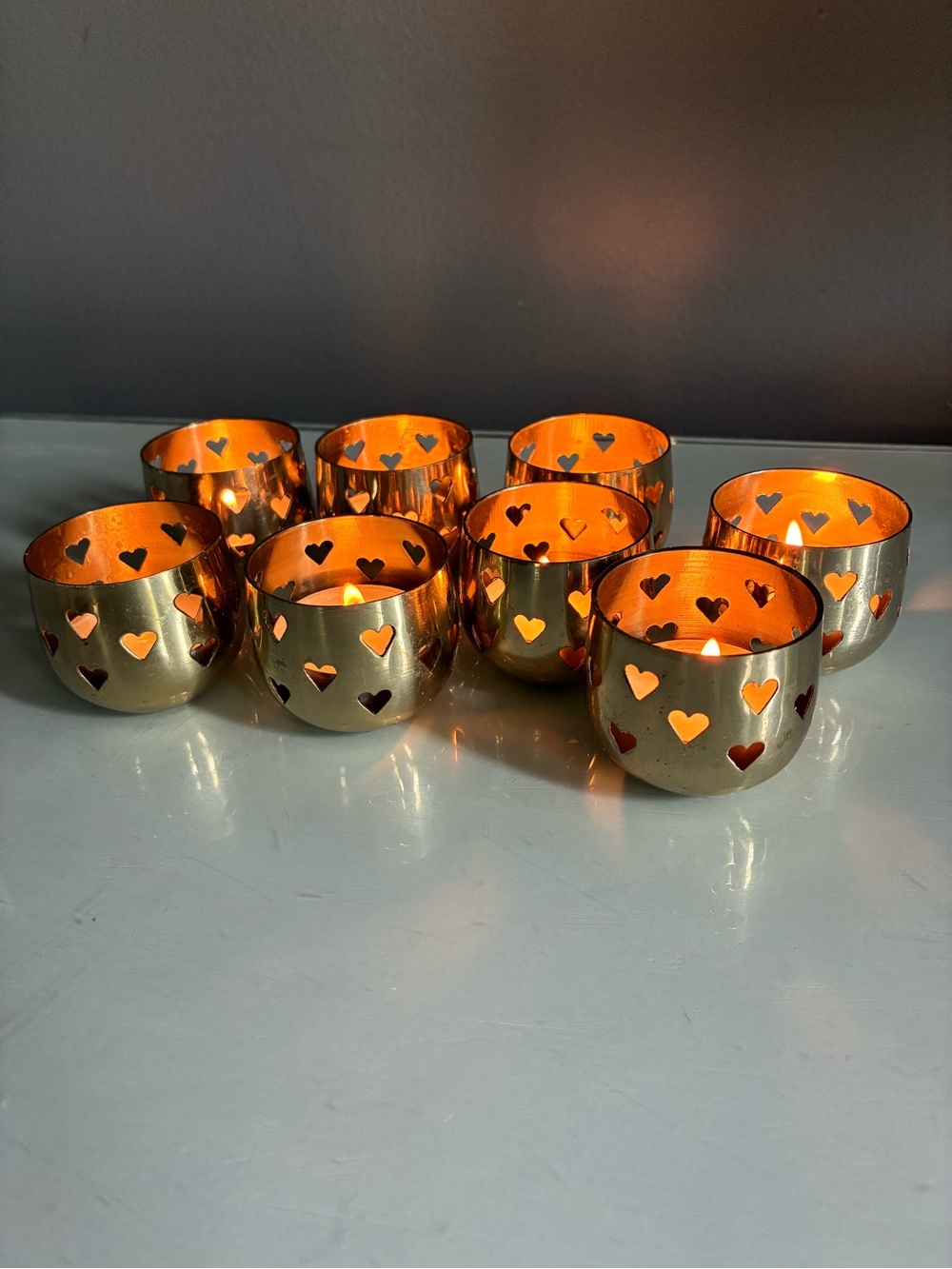 Vintage Brass Gold Heart Cutout Votive Candle Holders - Set of 8